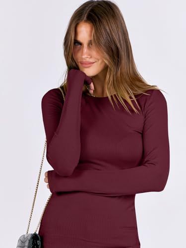 Image of ANRABESS Women Long Sleeve Shirts Rib Knit Slim Fit Tops Basic Tee Spring Outfits Casual T-Shirt Underscrubs Layer Clothes