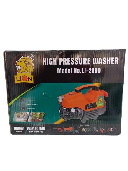 Image of Lion Li-2000 High Pressure Car Washer, 1800W Induction Motor, 160 Bar, 10 L /min Flow, Portable with 8M Hose, Pressure Gun, Foam Bottle for Home and Bike Cleaning