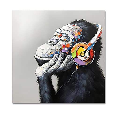 Toile singe graffiti mignon avec casque audio, art mural carré sans cadre 20x20