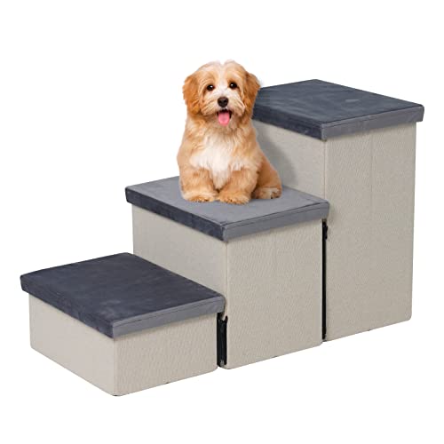 HOMCENT Haustiertreppe 3 Stufen für Hunde Katzen, Faltbare Hundetreppe mit viel Stauraum auch als Katzentreppe Geeignet, 74x33x44CM