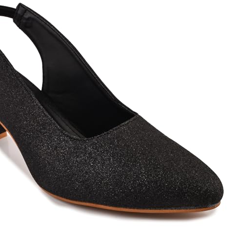 Image of Classic Closed Pointed Toe Mid Block Thick Heel Slingback Pumps for Women Signora104| Glitter Fabric Dress Shoes | Wedding Party | Evening Trendy Signora104