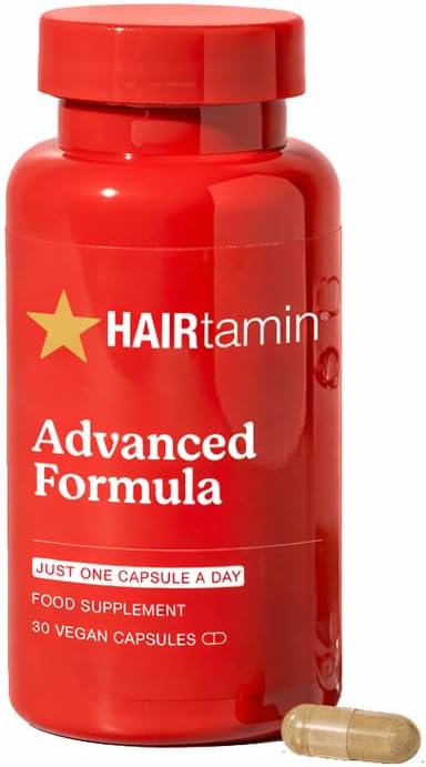 - HAIRtamin Advanced Formula Hair Growth Supplement for Women & Men, Supports Stronger, Longer, Visibly Thicker Hair, With 5000 mcg Biotin, Vitamins & Antioxidants, 100% Vegan โ 1 Month Supply