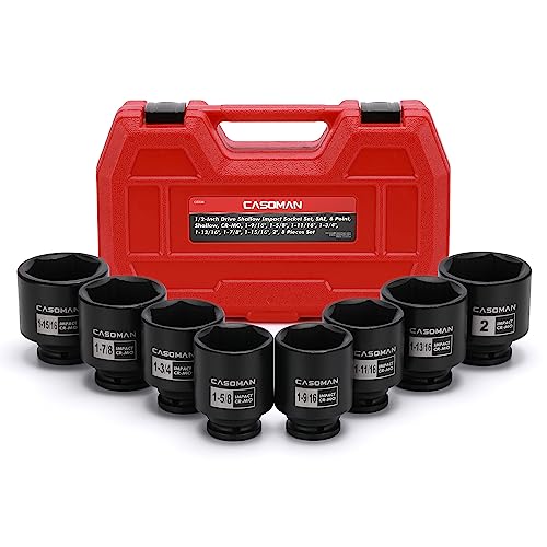 CASOMAN 1/2-Inch Drive Shallow Spindle Axle Nut Impact Socket Set,1-9/16" to 2", 6-Point, SAE, CR-MO, 8 Piece 1/2" Heavy Duty Impact Socket Set Shallow 8PCS(1-9/16 Inch - 2 Inch)