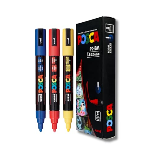 Image of Posca PC-5M Marker | 1.8-2.5 mm Bullet Shaped Tip (Multicolor, Pack of 3)