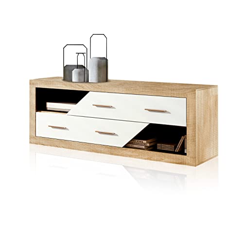 duehome | Salon Modular, Módulo Bajo con 2 Puertas, Composicion Salon por Piezas, Modelo Nuka, Acabado en Blanco y Cambria, Medidas: 130 cm (Largo) x 41,4 cm (Fondo) x 50 cm (Alto)