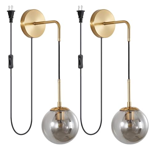 Image of KCO Modern Globe Wall Sconce with Plug in Industrial Vintage Wall Lamp On /Off Switch Adjustable Minimalist 1-Light Mounted Reading Lamps for Bedroom Living Room Corridor(Smoke Gray & 2-Pack)