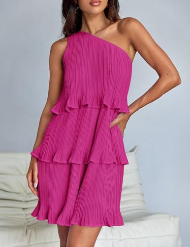 Image of ZESICA Women's 2025 Summer Sleeveless Mini Dress Boho One Shoulder Ruffle Tiered Layered Flowy A Line Dresses