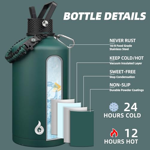 Image of BJPKPK 1 Gallon Water Bottle with Straw Lid, 128oz Large, Stainless Steel Water Bottles with 3 Lids and Paracord Strap, Double Wall Vacuum Metal Water Jug, Army Green
