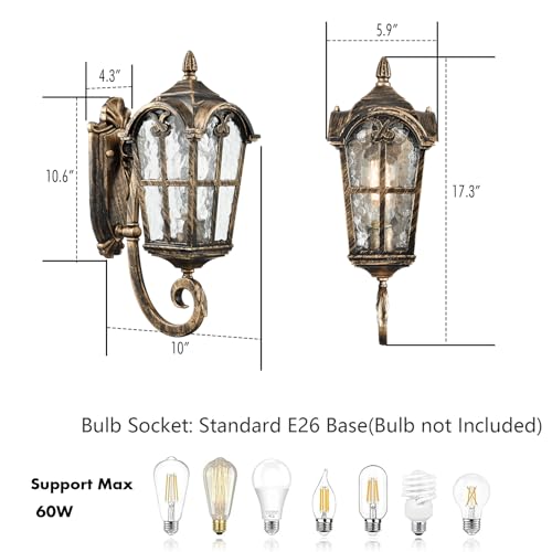 Image of YUBOLE Outdoor Wall Lights Antique Brass with Hammered Textured Glass