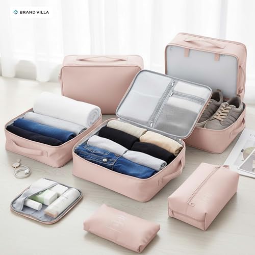 Image of BRAND VILLA 7 Pcs Travel Organizer Set Packing Cubes Luggage Organizer Bags with Shoe Bag, Laundry Pouch & Toiletry Bag for Clothes, Shoes, Accessories, Lightweight Travel Storage for Suitcase (Pink)