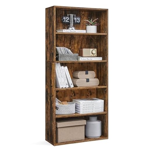 VASAGLE Bookshelf, 5-Tier Open Bookcase with Adjustable Storage Shelves, Floor Standing Unit, Rustic Brown ULBC165X01, 23.6”