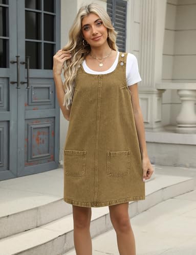 Image of Xaspee Denim Overall Dress for Women Casual Mini Sleeveless Jean Vintage Jumper Skirt Dress with Pockets