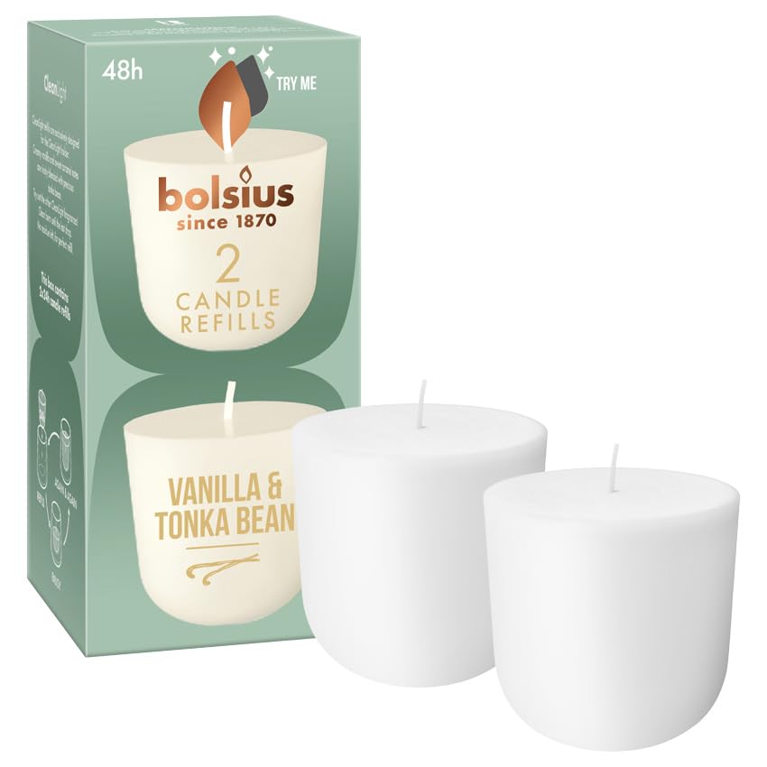 Bolsius - CleanLight recarga - Vainilla & Fava Tonka - Vela Perfumada Recargable - 2 Piezas - Duración de Combustión 24 Horas - Contiene Cera Vegetal Natural - Concepto Sostenible