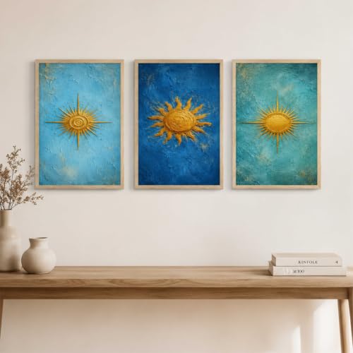 Image of Livin'luxe Set of 3 Golden Sun Abstract Wall Paintings for Living Room Bedroom Hallway Home Decor with Premium Wooden Color Synthetic Frame (13.5 x 19.5 Inch) NM03-71