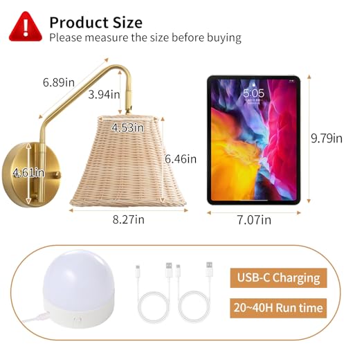 Image of Boho Battery Operated Wall Sconce, 100% Natural Rattan Wall Sconces Set of Two Battery Operated, Adjustable Battery Wall Sconce, Remote Rechargeable Sconce, Wirless Battery Sconces for Bedroom