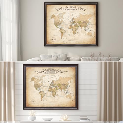 Image of DECORARTS - Personalized World Travel Map with Pins, Custom Name, Pin Board Canvas Wall Art, Antique Vintage Old World Decor, Optional Wood Frame, Giclee Print, Handcrafted in USA, 30x24''