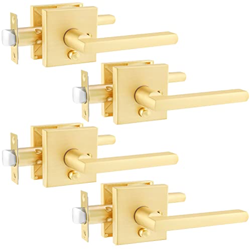 Heittis 4 Pack Satin Brass Square Privacy Door Levers Lockset For Bedroom Or Bathroom, Gold Keyless Door Locks, Heavy Duty Door Handle Set #TOP6