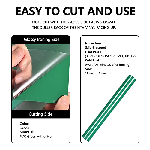 Image of FUNKAKA Heat Transfer Vinyl Rolls, 12 inch x 9ft Green Iron on Vinyl for Shirt | Glossy HTV Vinyl for All Cutter Machines - Easy to Cut & Weed for Heat Vinyl Design