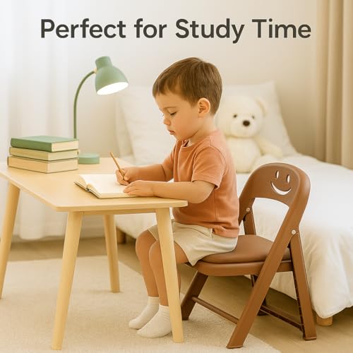Image of Alark Kids Folding Chair with Smiley Backrest Strong Plastic Foldable Space Saving Chair Kids Lightweight Portable Baby Chair for Home Study Playroom Outdoor Comfortable Seat for Toddlers Children