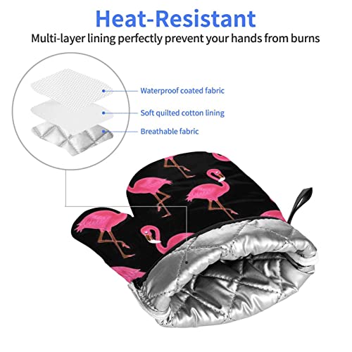 2Pcs Oven Mitts Lovely Pink Flamingos Microwave Gloves Oven Mitts Set With Pothholder Heat Resistant For Safe Kitchen Baking Cooking Grilling #TOP2