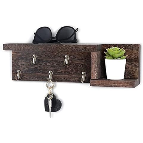 Decorative Key Holder for Wall with Shelf, Entryway Shelf with Hooks Holds Leashes, Jackets and Glasses - Sturdy Wood Keyholder Entrance Hanger with Mounting Hardware (15.6” x 4.7” x 3.5”) (Brown) Cover