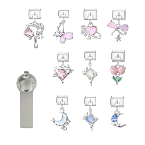papasgix Italian Charm Bracelet Charms Silver Set Links Bulk with Opening Tool 9mm Italian Charms Blue Pink Pendants Italian Modular Bracelet Links Handmade DIY Jewelry