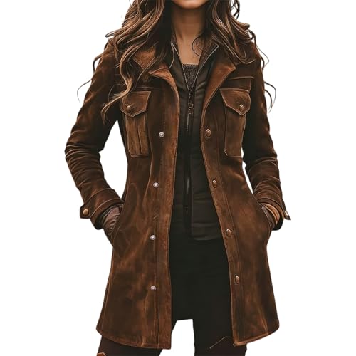 Rianclud Faux Suede Jacket Women Brown Retro Faux Leather Jackets Military Utility Safari Jacket Shackets Long Coats Outwear