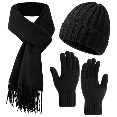 Winter Hat Beanie Long Scarf Touchscreen Gloves Set, 3Pcs Soft Thick Fleece Lined Gloves Skull Cap Scarf Set for Women