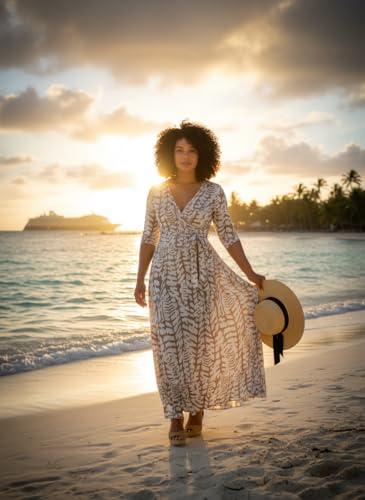 Image of Yajedo Womens Casual Summer Maxi Dress Plus Size Sexy Wrap V Neck 3 /4 Sleeve Sundress with Pockets