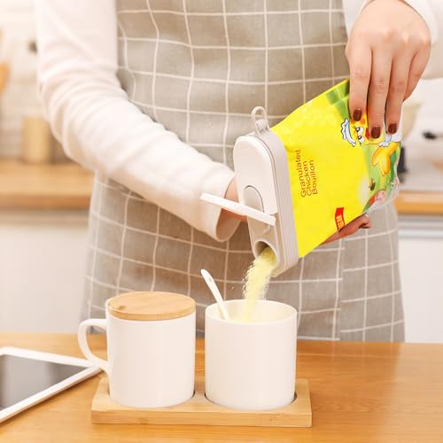Irtyif Verschlussclips mit Ausschütter, 4 Stück Tütenclips, Verschlussclips für Beutel, für Verpackung Süßigkeiten Snacks Lebensmittel Tiernahrung(Grau weiß)