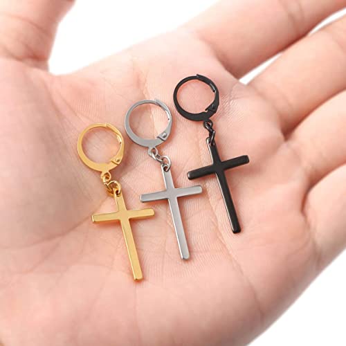 Cross Dangle Earrings For Men Guy Hoop Hanging Earingings Women Crucifix Drop Jewelry Black Silver Gold Stainless Steel 3 Pairs Set #TOP6