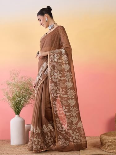Image of AKHILAM Women's Cotton Printed Saree With Unstitched Blouse Piece