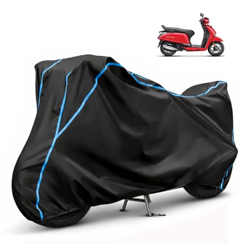 Image of Compatible with Hero Destini 125 Waterproof Two Wheeler Scooter Body Cover Water Resistant, Heavy Duty, UV Rays, Dust & Scratch Protection for All-Modal & Variants (Black,Sky Blue Piping)