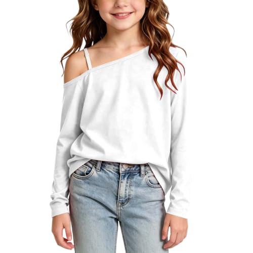 Pbawab Girl's Y2k Off The Shoulder Tops Loose Fall T Shirt Trendy White