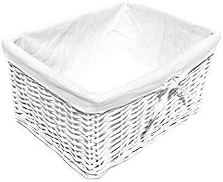 Willow Wicker Wider Big Deep Nursery Organiser Storage Xmas Hamper Basket Lined[White,Large 41x32x21cm]