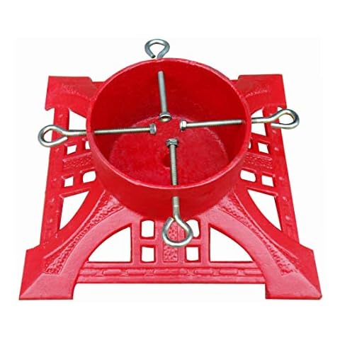 Holly International Cast Iron Christmas Tree Stand 14 inch Red Traditional Lattice for Real Fresh Cut Xmas Trees up to 8ft [2.4m] Cover