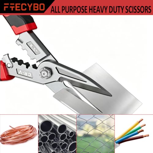 Image of Heavy Duty Industrial Scissors 8.5'', Utility Sharp Aviation Tin Snips, Finely Serrated CR-V Blades with Safety Lock, for Cutting Wires, Cardboard, Plastic, Carpet,red (Red)