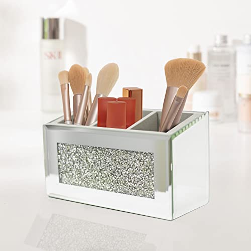 Hmrcyte Silver Mirror Makeup Brush Holder Organizer, 3 Slot Crystal Glass Cosmetic Brush Storage Holder, Bling Crushed Diamond Pen Pencil Holder For Vanity, Luxury Eyeliner Display Case For Home Decor #TOP2