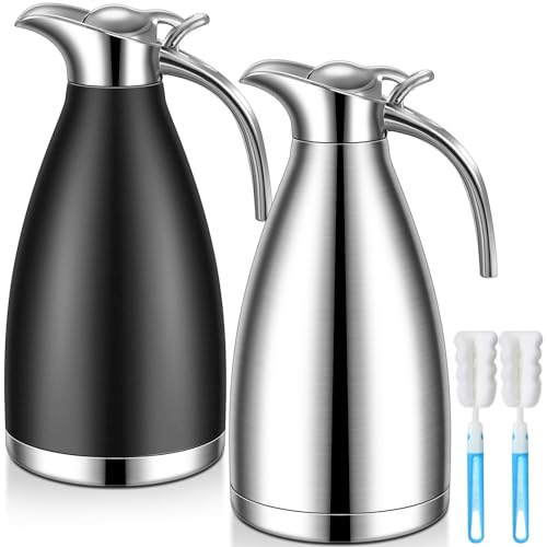 Uiifan 2 Pcs 68 oz Thermal Coffee Carafe Insulated Stainless Steel Coffee Carafe for Hot Liquids Vacuum Thermal Pot Creamer Dispenser with Brushes Keeping Hot Tea Milk Water(Black, Silver)