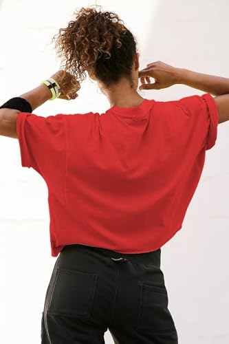 Image of HUGOOME Womens Oversized Workout Crop Top Casual Short Sleeve Boxy Roll Hem