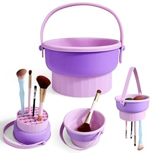 Makeup Brush Cleaning Bowl,3 in 1 Silicone Cosmetic Brush Cleaner Bowl with Drying Holder Brush Cleaning Scrubber Tool Fit For All Size Makeup Brush