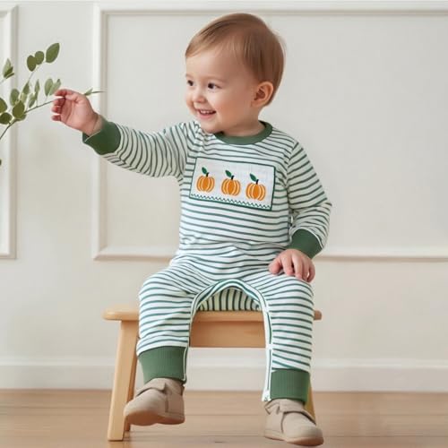 Newborn Baby Boy Girl Halloween Outfit Pumpkin Embroidery Stripe Romper Jumpsuit Bodysuit Fall Winter Clothes2