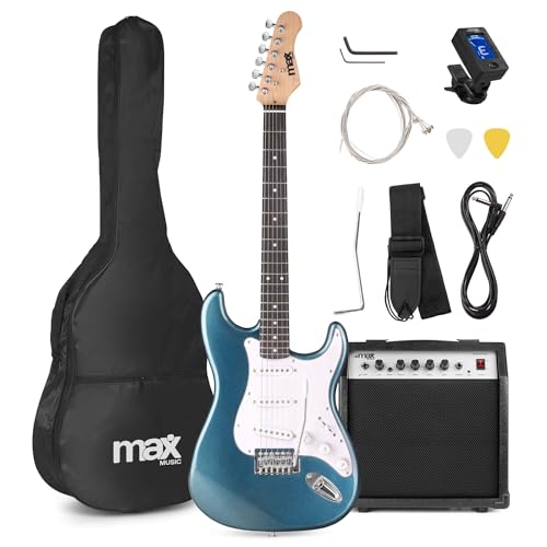 MAX GigKit guitarra eléctrica 4/4 con amplificador 40W, funda, púas, afinador y cable – Set completo para principiantes jóvenes y adultos – Color Petrol