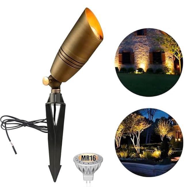 LED Brass Spotlight Uplight 12V Low Voltage Landscape Outdoor Lighting Waterproof Solid Brass Uplight Spotlight Accent Lighting Fixture Included a 12V Warm White MR16 LED Light Bulb
