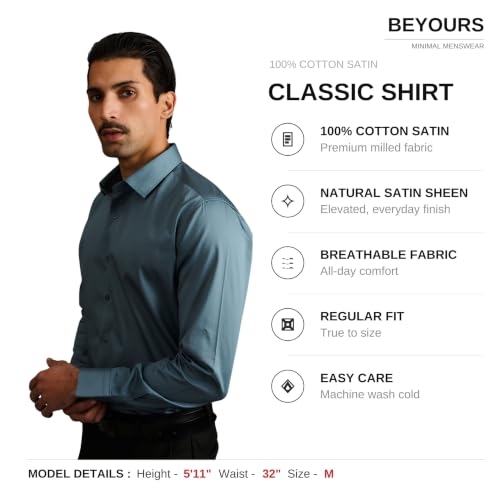 Image of BEYOURS Men's Full Sleeve Shirt Regular Fit Spread Collar 100% Cotton Satin Office & Formal.