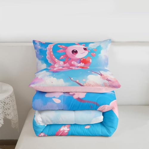 Image of Feelyou Cute Axolotl Bedding Set Cherry Blossoms Girls Comforter Set for Kids Teens Cartoon Salamander Ultra Soft Comforter Kawaii Ocean Sealife Duvet Set Room Decor Full Size Quilt Set