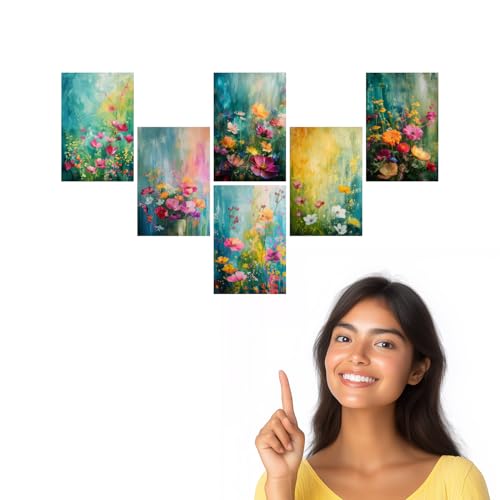 Image of Vibrant Floral Oil Painting Art Print Set - Set of 2-4x6 Inch - Board (Pack of 6) - Sticker (Pack of 6) Wall Room Decoration art Poster Prints