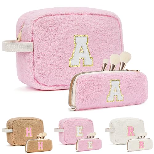 Initial Makeup Bag for Teen Girl Gifts Trendy Stuff, Pink Cosmetic Travel Bag Pouch for Women Friends Daughter Sister Wife Her, Cute Plush Make up Bags for Birthday, Graduation, Wedding Gifts A