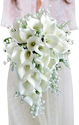 Bride Bouquets for Wedding, Simulation Artificial White Calla Lily Water Drops Waterfall Dripping Forest Series Cascading Wedding Bouquets for Bride, 10 Inch