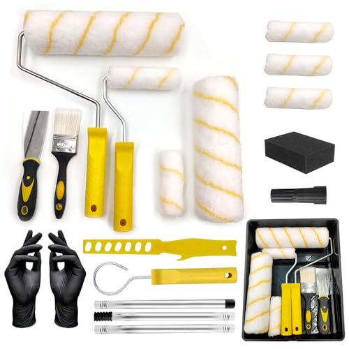 KBIBCK Paint Roller Set, 19 PCS Roller Sets for Painting, 9 inch 4 inch Rollers for Painting, Paint Roller Kit with Extension Pole, Paint Rollers and Trays Sets for Painting Walls, Ceiling, Doors